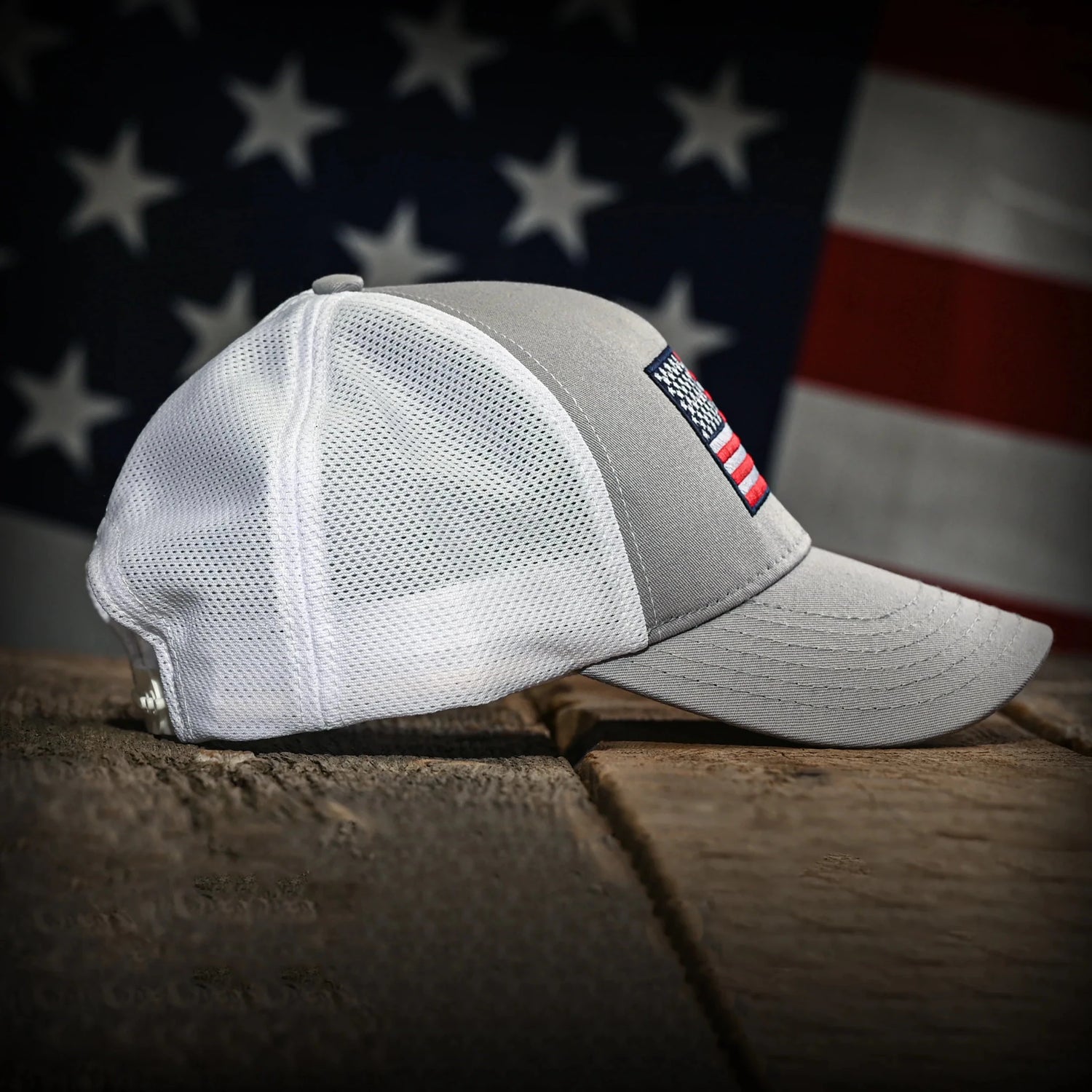 Freedom Fatigues Gray & White Mesh - Back American Flag Trucker Hat - Grayman Trading Company