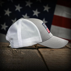 Freedom Fatigues Gray & White Mesh - Back American Flag Trucker Hat - Grayman Trading Company
