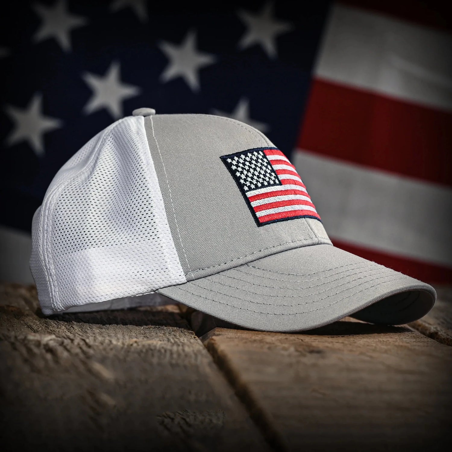 Freedom Fatigues Gray & White Mesh - Back American Flag Trucker Hat - Grayman Trading Company