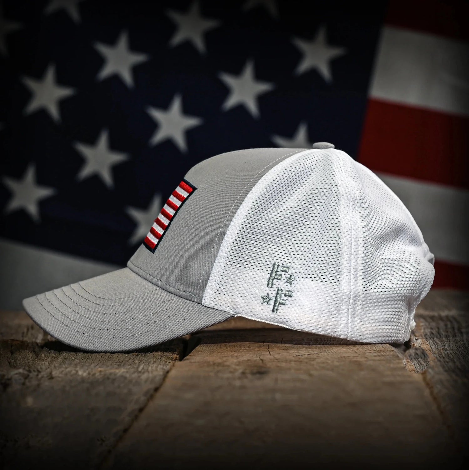Freedom Fatigues Gray & White Mesh - Back American Flag Trucker Hat - Grayman Trading Company