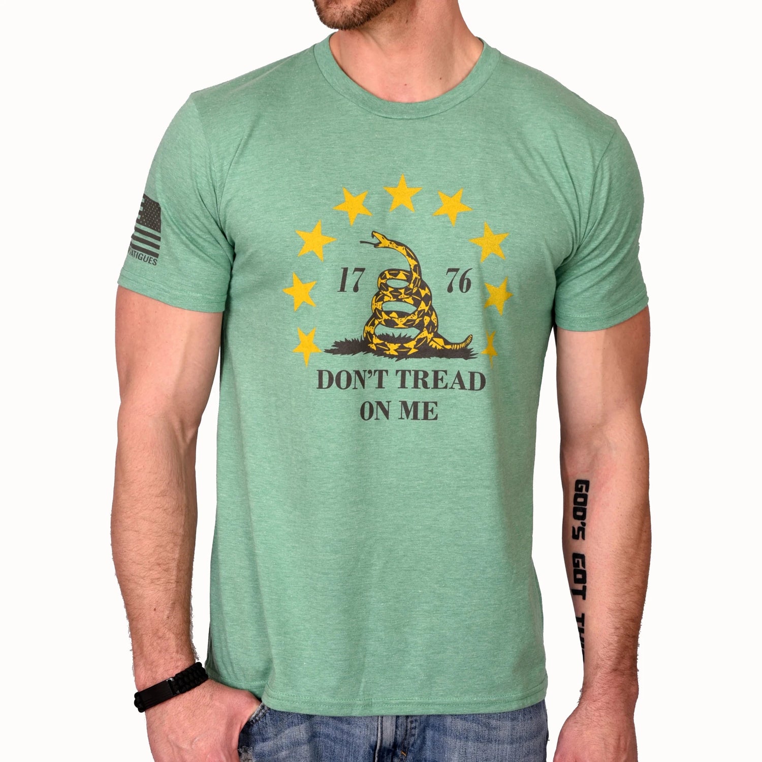 Freedom Fatigues Men's Don't Tread On Me Patriotic T-Shirt (Heather Green) - Grayman Trading Company